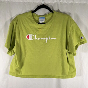 Champion Crop Top Women's Large Green Short Sleeve Crew Neck 100% Cotton